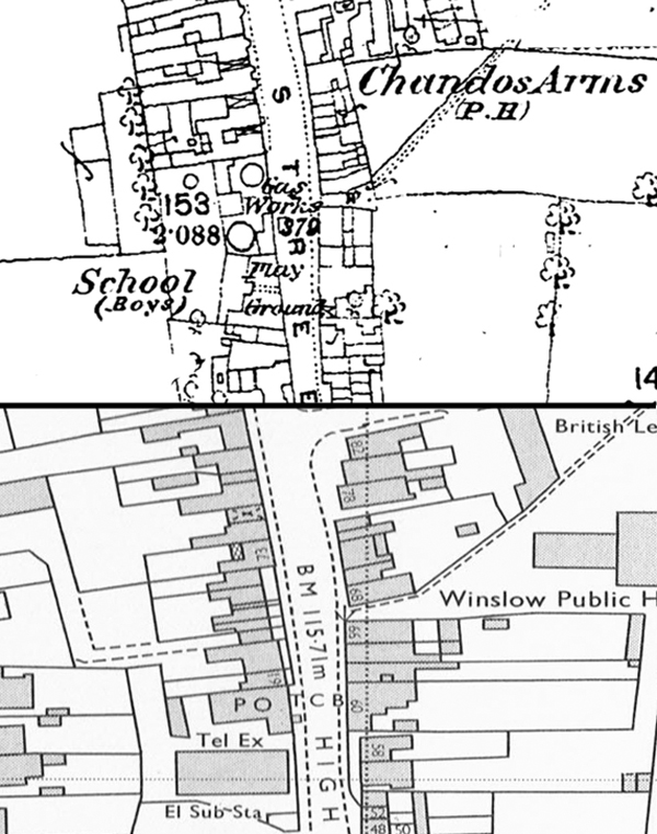 Maps showing Chandos Arms area in 1880 and 1978